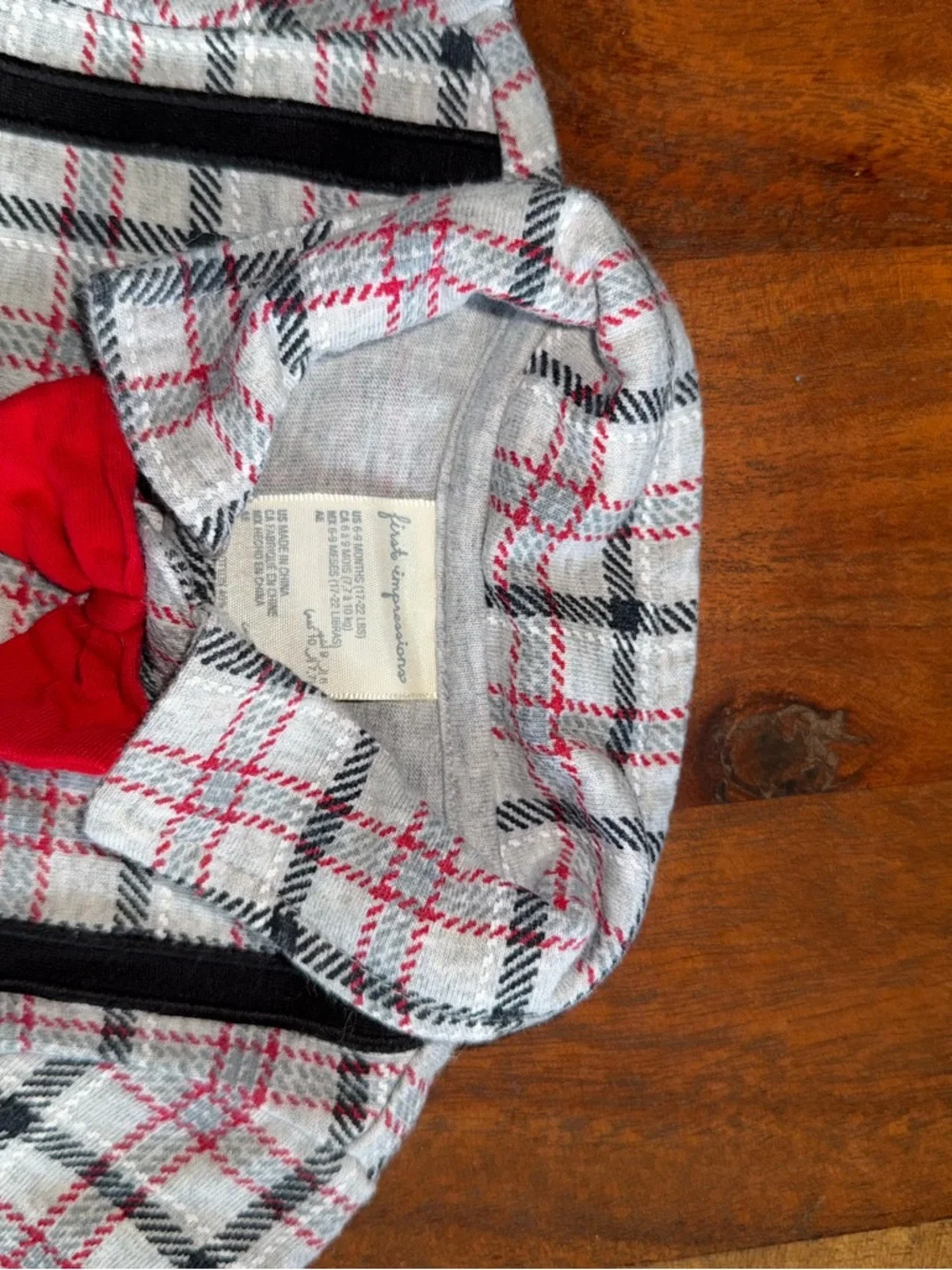 First Impressions Plaid One-Piece with Red Bow and Black Trim‎
